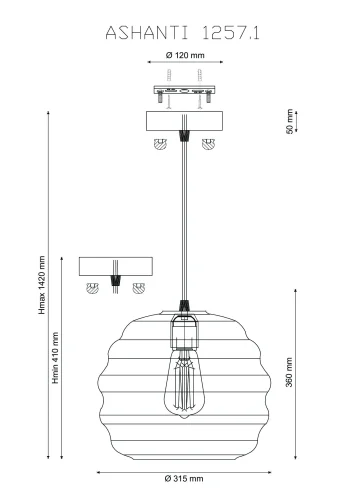 Светильник подвесной лофт ASHANTI 1257.1 Lucia Tucci прозрачный 1 лампа, основание чёрное в стиле лофт выдувное фото 3